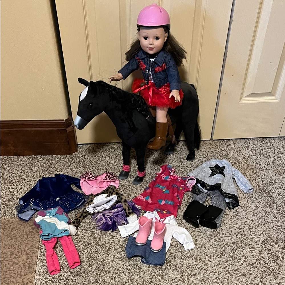 American Girl Doll with Black Horse and Pink Helmet and 6 additional outfits